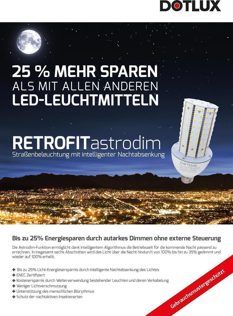 DOTLUX LED-Straßenlampe RETROFITastrodim E27 18 Watt warmweiß 135 SMD 2835 LED's einseitig abstrahlend 270°