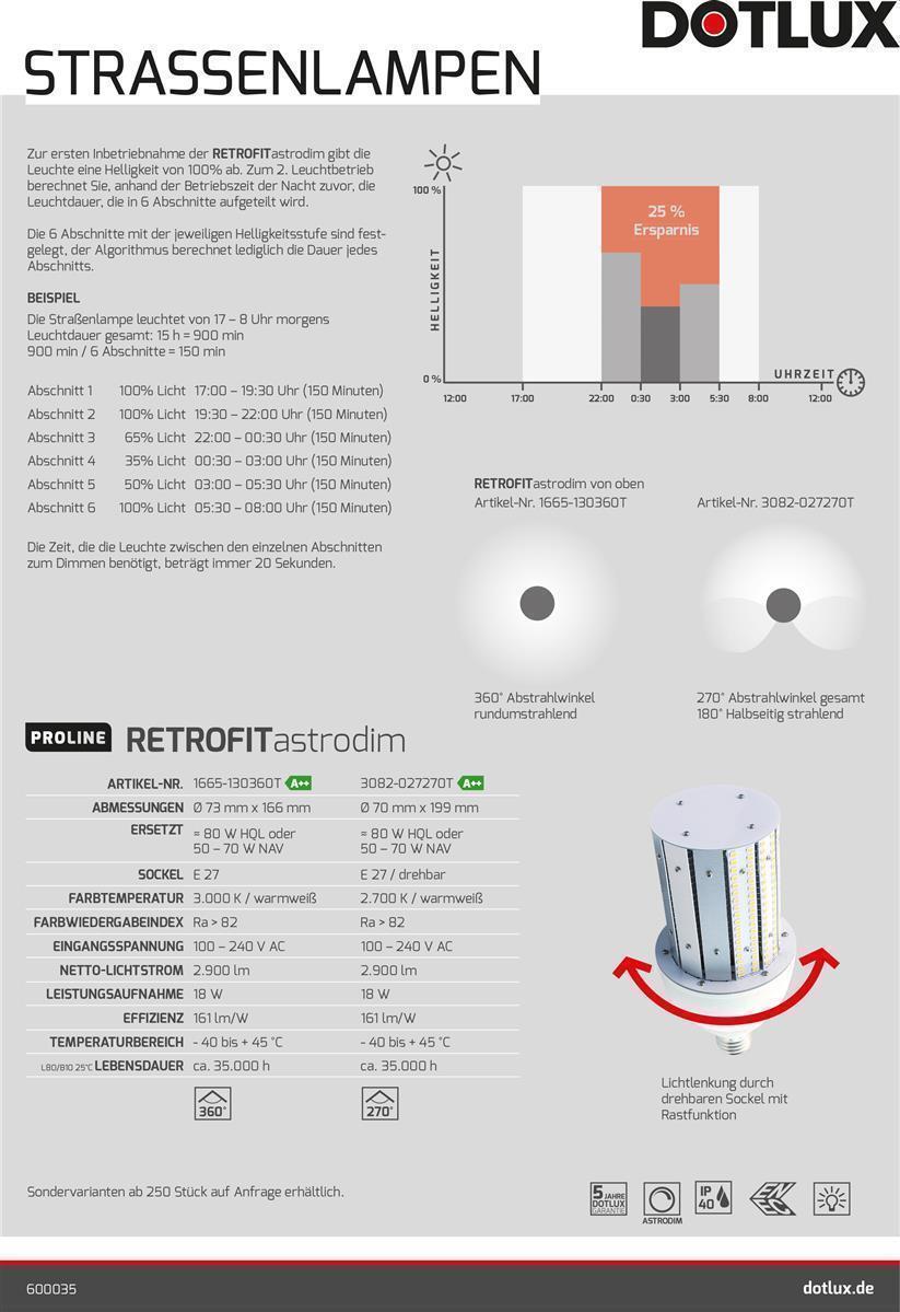 DOTLUX LED-Straßenlampe RETROFITastrodim E27 18 Watt warmweiß 135 SMD 2835 LED's einseitig abstrahlend 270°