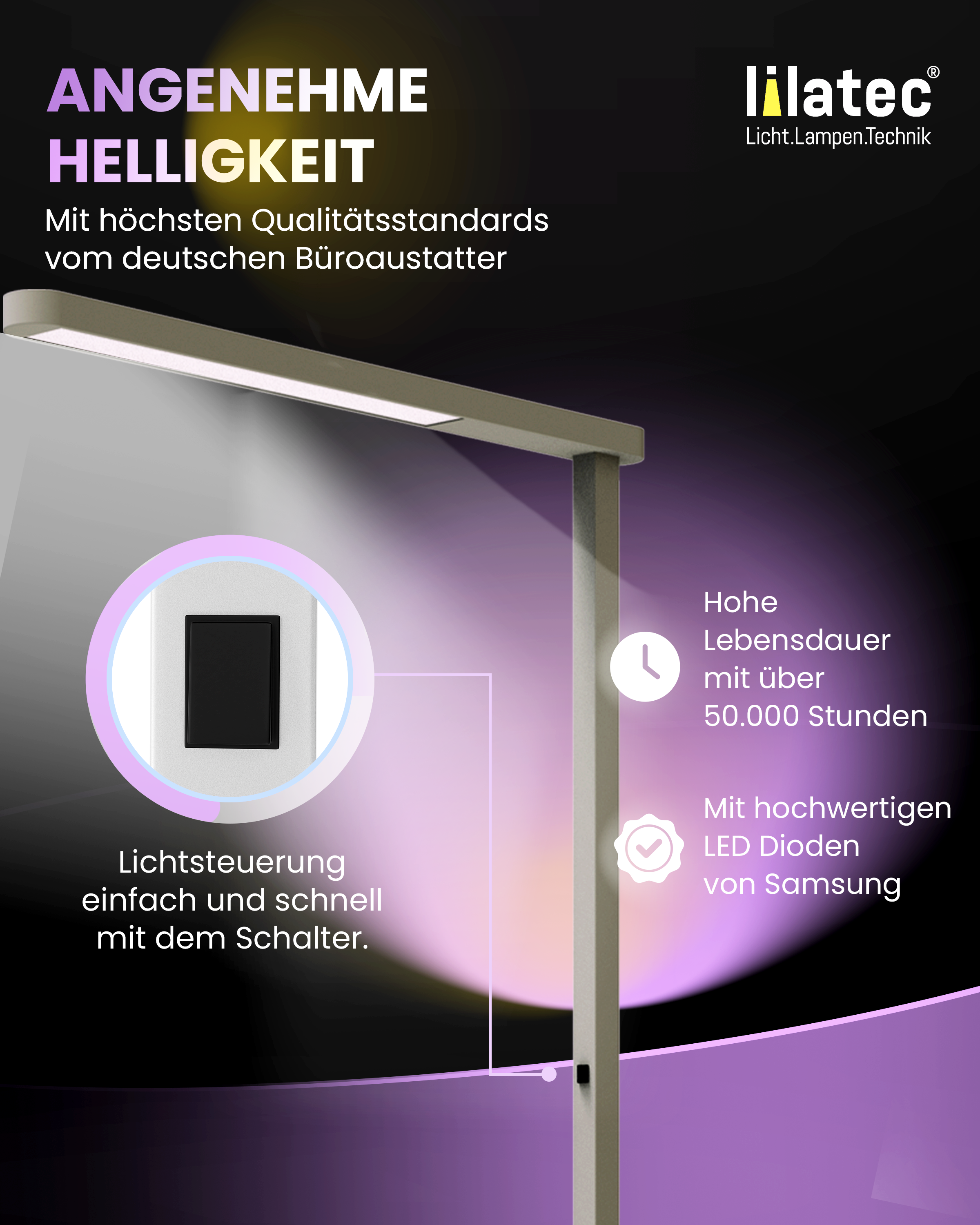 Lilatec LED-Stehleuchte LINEAR 50W 4000K nicht dimmbar silbergrau