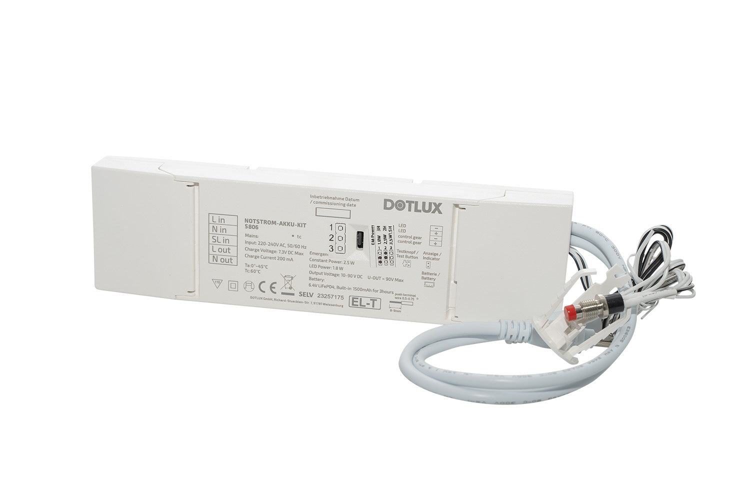 DOTLUX NOTSTROM AKKU-KITexit 1,9W/0,8W Konstanleistung 3/8h für konstantstrombetriebene LED-Leuchten mit ext.Testknopf LifePO4 6.4V mit Selbsttest