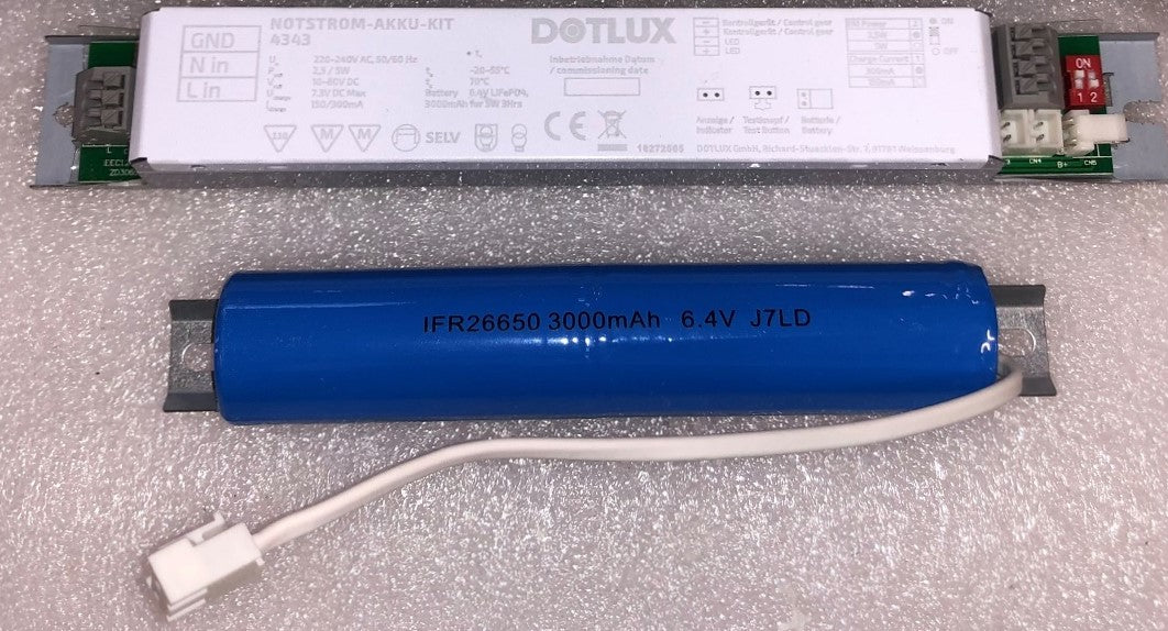 DOTLUX NOTSTROM-AKKU-KIT 5W/2,5W Konstanleistung (3h/6h) für konstantstrombetriebene LED-Leuchten mit ext. Testknopf LiFePO4 6,4V zum Nachrüsten von z.B. linearen Leuchten
