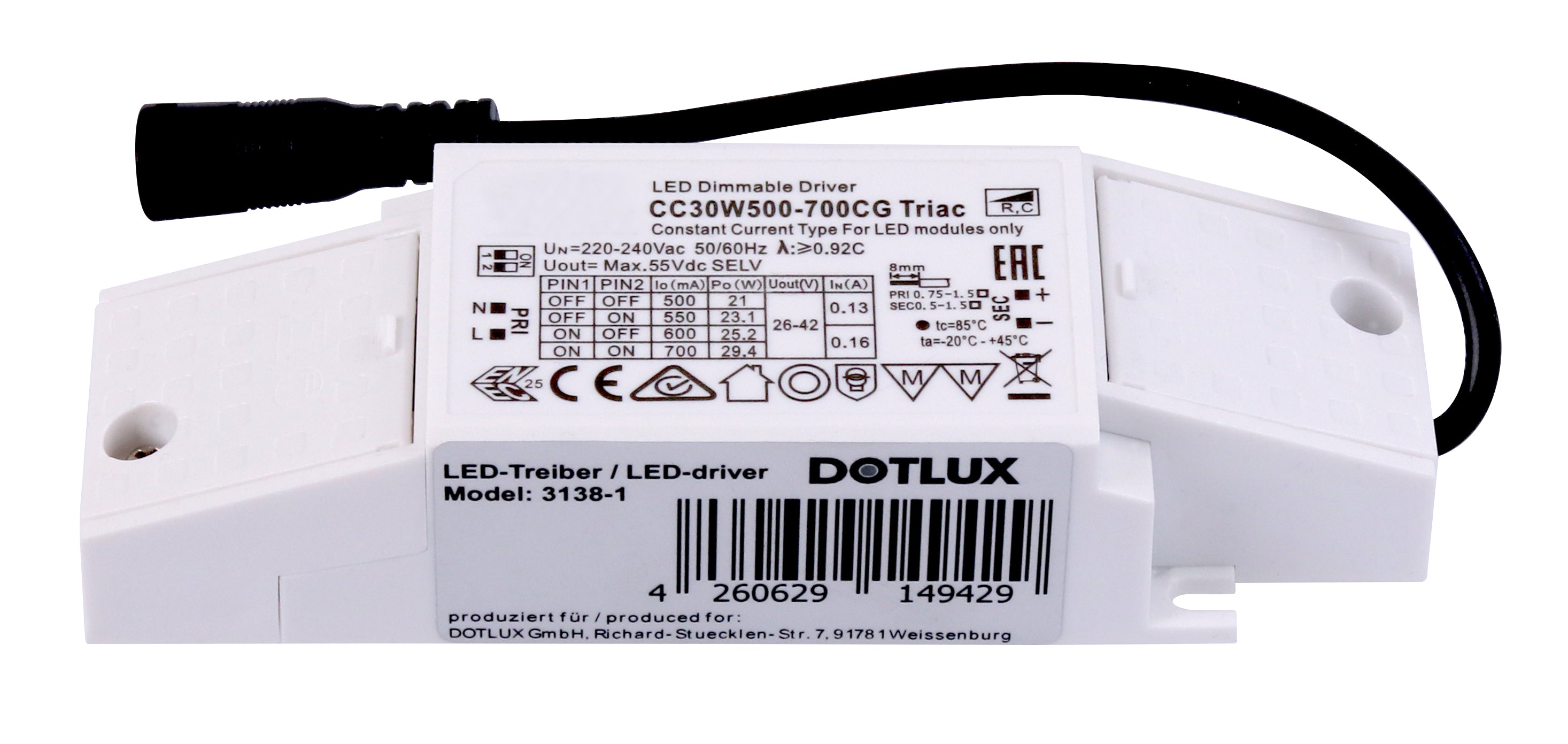 LED-Netzteil CC 13-30W 500-700mA 26-42V dimmbar Phasenab/-anschnitt