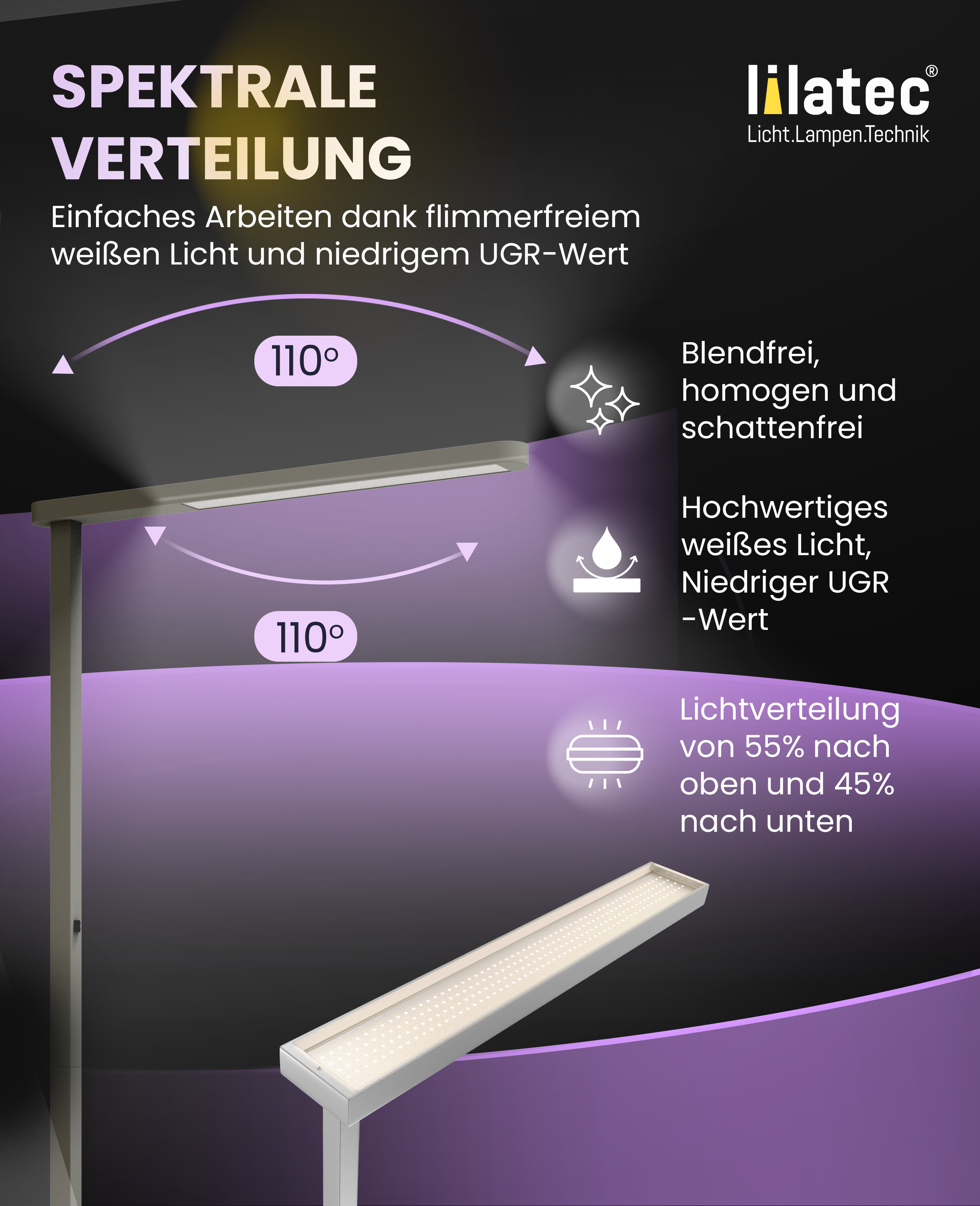 Lilatec LED-Stehleuchte LINEAR 50W 4000K nicht dimmbar silbergrau