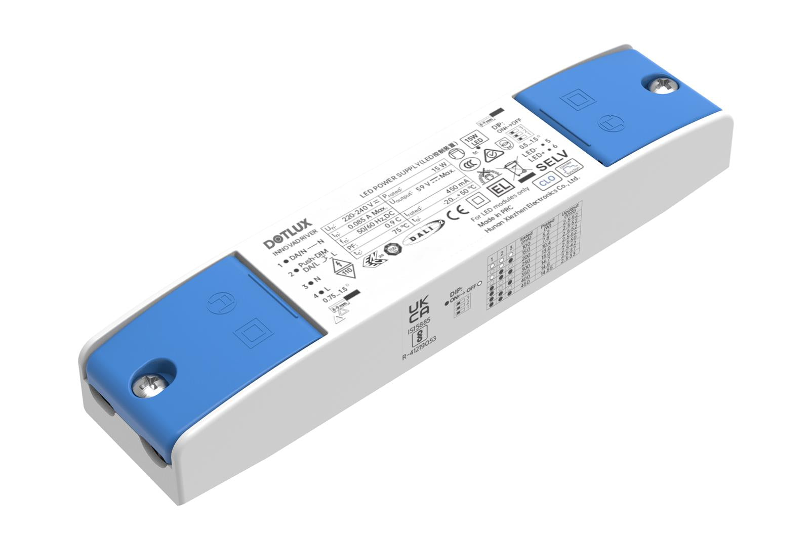 LED-Netzteil CC max. 15W 100-450mA 2,5-52V PUSH dimmbar DALI-2 geeignet für Zentralbatterie durchverdrahtbar
